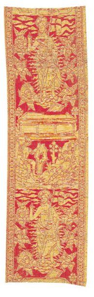 null Orfroi en lampas figuré, Italie, vers 1520- 1530, fond rose, décor jaune et...