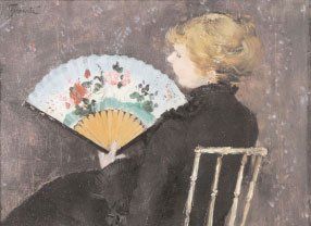 GOEUNETTE Norbert (1854-1894) « Femme à l'éventail » Huile sur panneau, signé en...