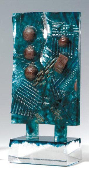 LEPERLIER Etienne, né en 1952 "EMPREINTES VI" Belle sculpture en pâte de verre marbrée...