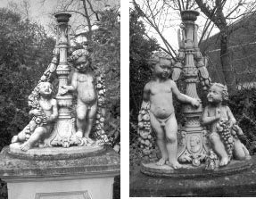 null Paire de statues de jardin à décor d'Amour au pied d'une colonne antique 90...
