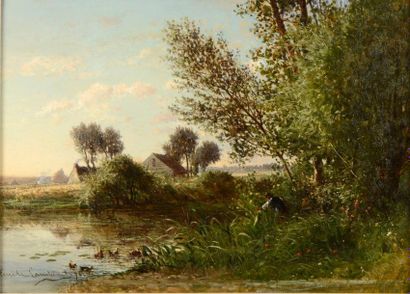 LAMBINET Emile Charles (1815 - 1877) "Pecheur sur l'étang" Huile sur toile (rentoilée),...
