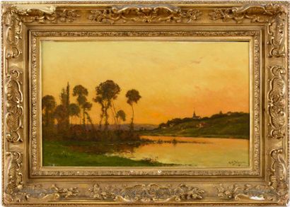 DELPY Hippolyte Camille (1842-1910) "Bord de rivière, coucher de soleil" Huile sur...