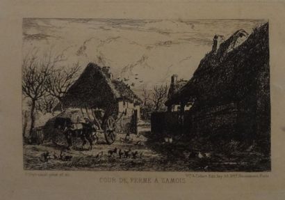 VEYRASSAT Jules Jacques (1828-1893) "Cour de ferme à Samois" Deux eaux-fortes, situées...