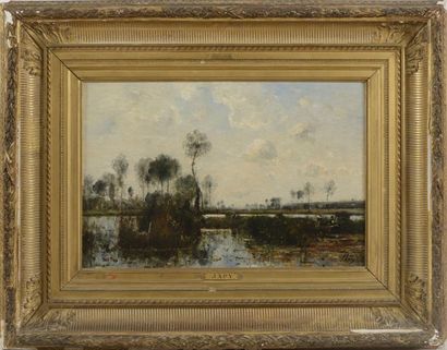 JAPY Louis Aimé (1840-1916) "Paysage à l'étang" Huile sur toile rentoilée, signée...