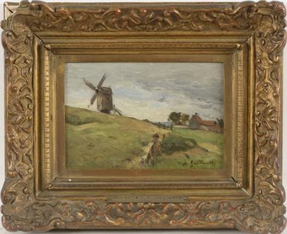 GUILLEMET Antoine (1843-1918) "Le moulin, paysage breton" Huile sur panneau, signée...