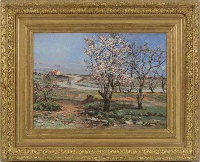BRUNEL Jean Baptiste (1844-1919) "Les amandiers en fleurs, la route de Mornas" Huile...