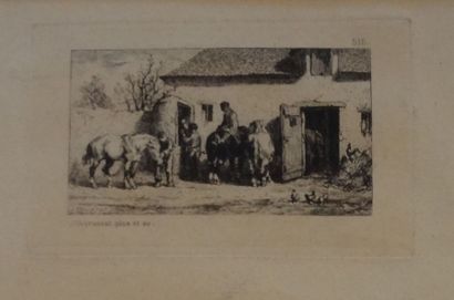 VEYRASSAT Jules Jacques (1828-1893) "Cour de ferme à Samois" Deux eaux-fortes, situées...