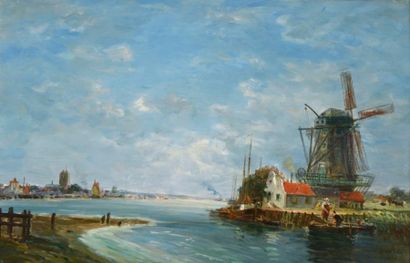 ROULLET Gaston (1847-1925) "Moulin près de Dordrecht sur la Meuse" Huile sur toile,...