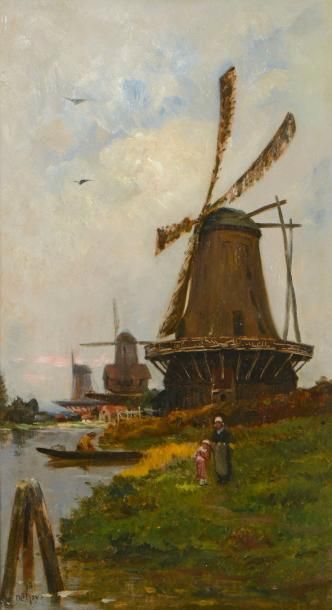 DELPY Hippolyte Camille (1842-1910) "Moulin à Dordrecht" Huile sur panneau, signée...