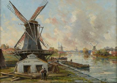 MASCART GUSTAVE (1834-1914) "Moulins à Zaandam, Hollande" Huile sur toile, signée...