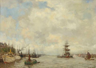MOLL Evert (1878-1955) "Le port de Rotterdam" Huile sur toile, signée en bas à droite,...