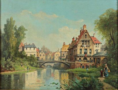 KUWASSEG Charles Euphrasie (1838-1904) "Le canal à l?entrée du village" Huile sur...