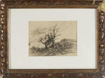 JACQUE Frédéric (1859-1931) "Paysage d'hiver" Encre brune sur papier bistre, signée...