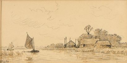 STENGELIN ALPHONSE (1852-1938) "Bord de rivière" Dessin à la plume, signé en bas...