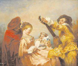 WATTEAU Antoine (D'après) (1684 - 1721) "La Leçon de musique". Huile sur panneau...