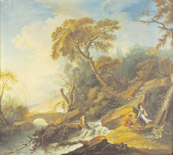BOUCHER François (Atelier de) (Paris 1703 - id. ; 1770) "Paysage à la rivière avec...