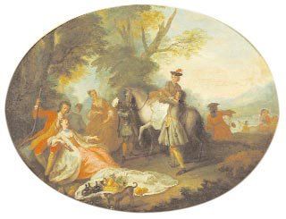 OCTAVIEN François (Attribué à) (Rome 1695 - Paris 1736) "Le Déjeuner de chasse"....