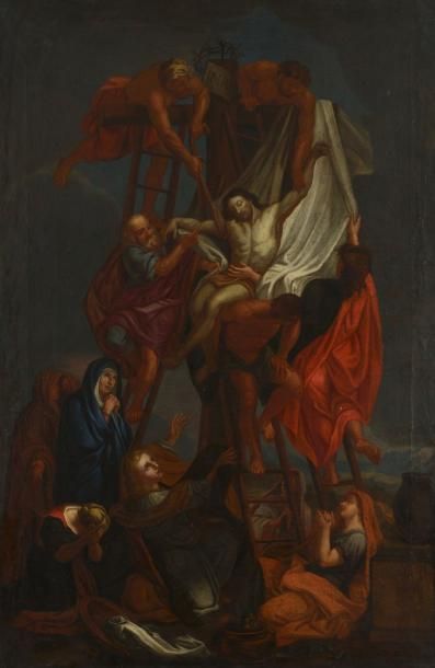 LEBRUN Charles (Ecole de) 1619 - 1690 "La descente de Croix" Huile sur toile H. 116...