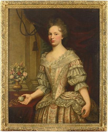 École FRANÇAISE vers 1700 "Portrait de femme présentant une montre" Huile sur toile...
