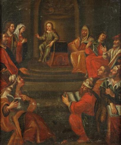 ECOLE DU XVIIIe SIÈCLE "Jésus au temple" Huile sur toile. 59,5 x 47,5 cm à vue