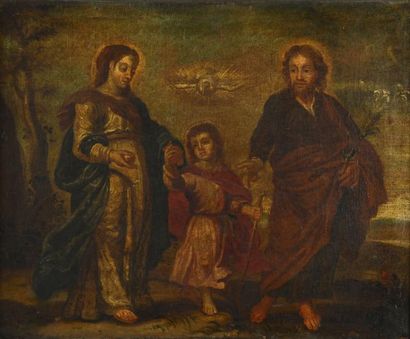 ECOLE ESPAGOLE du XVIIIe siècle "La Sainte famille en chemin" Huile sur toile d'origine....