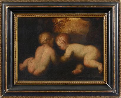 École ESPAGNOLE du XVIIIe siècle "Deux amours dans un paysage" Huile sur toile H....