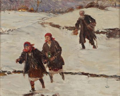 Teodor AXENTOWICZ (1859-1938) «Jeunes filles dans un paysage enneigé», Huile sur...