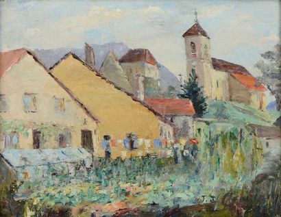JJ FLOUTIER (XXe siècle) "Rue Pavoisée en Alsace", huile sur toile, signée en bas...
