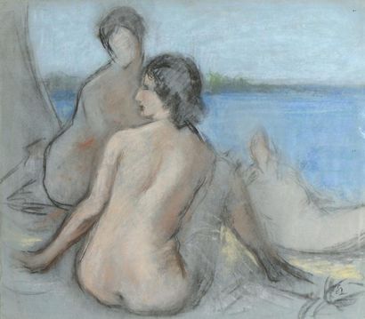 Edouard JULIEN (1883-1966) "Nues féminins au bord de l'eau". Pastel. Monogrammé en...