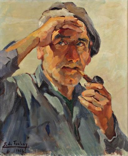 Ellen de TOMBAY (1918-1998) «Homme à la pipe», Huile sur toile, signée et datée 1966...