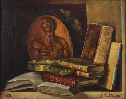 Alejo VIDAL-QUADRAS (1919-1994) "Les vieux livres", Huile sur toile, signée en bas...