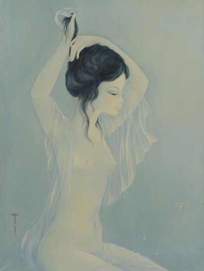 Mara TRAN LONG (1935) "Brune au voile" Peinture sur soie, signée en bas à gauche,...