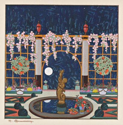 Raymond Louis CHARMAISON (1876-1955) SUITE DE HUIT POCHOIRS sur le thème des jardins....