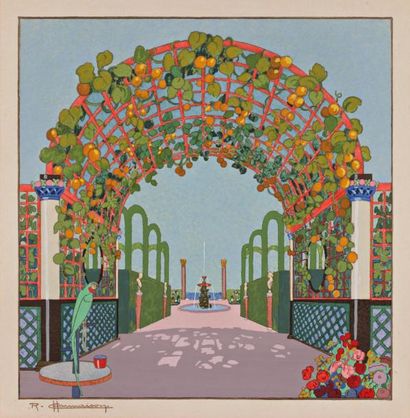 Raymond Louis CHARMAISON (1876-1955) SUITE DE HUIT POCHOIRS sur le thème des jardins....