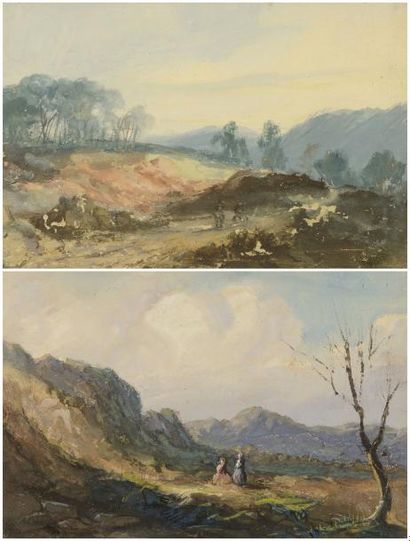 ECOLE FRANCAISE XIXe siècle "Paysages animés" Deux aquarelles gouachées encadrées...