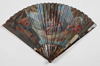XVII-XVIIIe SIECLE Mercure et les muses Eventail, la feuille en cabretille peinte...