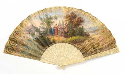 XIXe siècle Le joueur de bonneto Eventail, la feuille en papier peinte d'un paysage...