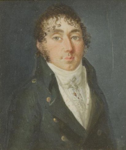null Jeune homme coiffé de mèches, gilet brodé et épingle à cravate, vers 1798-1800...