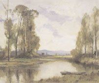 P.M.DUPUY. Barque sur l'étang. Huile sur toile signée en b. à d. 54x65 cm.