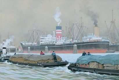 SANDY-HOOK (Georges Taboureau dit) 1879-1960. "Barges et paquebot dans un port oriental"....