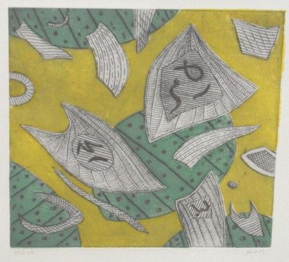 Henri GOETZ (1909-1989) "Composition abstraite en jaune et vert". Estampe. Signée...