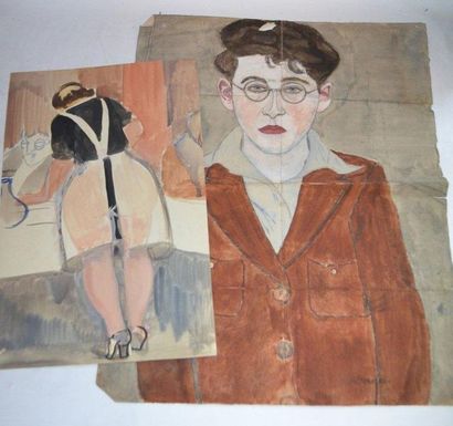 André-Albert TONDU (1903-1980) Deux dessins, techniques mixtes, "femme de dos" et...
