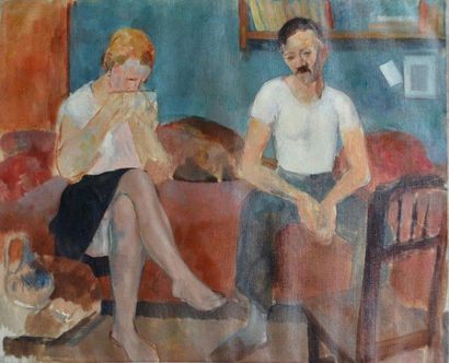 André-Albert TONDU (1903-1980) "Homme et femme sur un sofa" Huile sur toile. Porte...