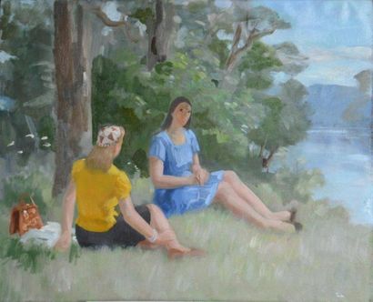 André-Albert TONDU (1903-1980) "Deux jeunes filles au bord de l'eau" Huile sur toile,...
