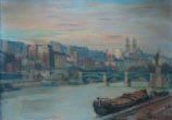 Iwao HAGUINOYA (actif au XXe) "Paysage au fleuve et au pont" Huile sur toile signée...