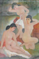 null "Deux femmes" Huile sur toile, signée et datée 91. 69,5 x 50 cm