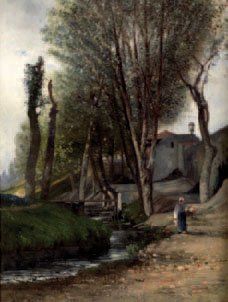 Eugène LAVIEILLE (1820-1889) "Paysanne près du ruisseau" Huile signée en bas à droite,...