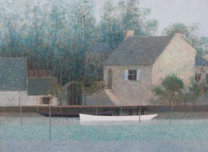 BOURRIE André (né en 1936) " La barque blanche, le marais " Huile sur toile, signée...