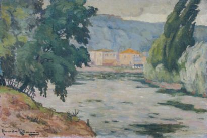 ALTMANN, Alexander (1885-1950) " Les grands arbres près d'un lac " Huile sur toile,...