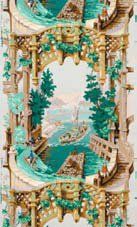 null Lé de papier peint, vers 1840, fond gris, décor polychrome d'un pont suspendu...